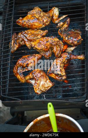 Cuisse et cuisse de poulet au barbecue couverts de sauce barbecue et épices, sauce maison du chef prête à être appliquée à côté de la viande Banque D'Images