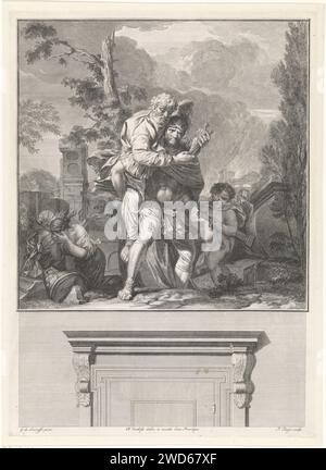 Énée sauve son père de la Troie brûlante, Pieter Tanjé, d'après Gerard de Lairesse, d'après Nicolaas Verkolje, 1737 estampe Énée fuit la Troie brûlante avec son vieux père Anchises sur le dos. Son fils qui pleure marche à côté de lui. A gauche, la femme d'Énée avec ses mains devant son visage. Présentation au-dessus de la porte de la chambre du conseil de la Cour de justice de Hollande, Zélande et Frise occidentale dans le Binnenhof à la Haye. Amsterdam gravure sur papier / gravure 'Pius Aeneas' : Aeneas, dirigeant Ascanius, s'échappe de Troie brûlant, portant son père Anchise avec les Penates ; son wif Banque D'Images