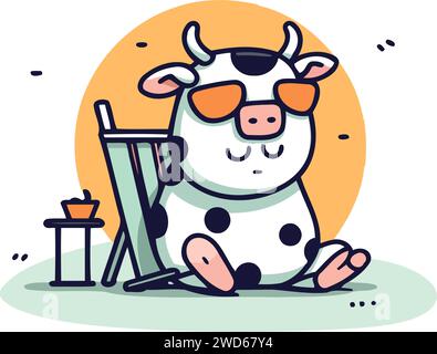 Jolie vache de dessin animé dans des lunettes de soleil assis sur la chaise. Illustration vectorielle. Illustration de Vecteur