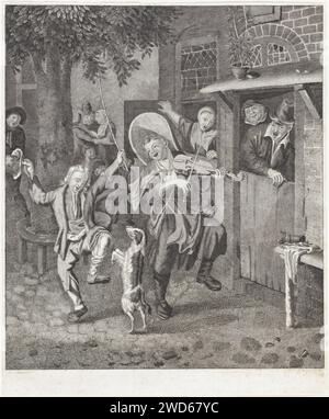 Musiciens de rue, anonymes, d'après Cornelis Dusart, 1830 - 1887 imprimer musiciens de rue dans un village. Pour une auberge, une femme joue sur un violon et danse avec un garçon et un chien. Les enfants, les passants et les visiteurs de l'auberge regardent. Laissé quelques poulets. Imprimeur : Low Countriesafter peinture par : Haarlem papier gravure violon, violon - CC - hors portes. Musicien au travail - CC - hors des portes. chien. Musique vocale, chant - CC - hors des portes. village (+ city(-scape) avec chiffres, staffage) Banque D'Images