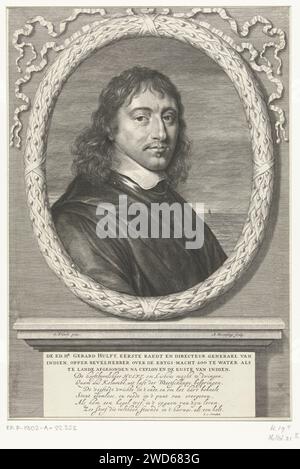 Porter Van Gerard Hulft, Abraham Bloteling, d'après Govert Flinck, 1656 - 1690 print Portrait de Gerard Hulft, premier directeur général des Indes orientales néerlandaises. Bustel avec cadre ovale de feuilles de Lauwer, en arrière-plan un navire à l'horizon peut être vu. Sous le portrait, un verset néerlandais de Vondel sur la vie et la mort de Hulst. Gravure sur papier Amsterdam Banque D'Images