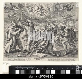 Fin du monde, Hieronymus Wierix, d'après Maerten de vos, 1583 imprimer le Christ est assis sur l'arc-en-ciel, les mains levées, pendant le jugement dernier. Souffler des anges autour de lui sur le Bazuin pour réveiller les morts. Au premier plan, quatre hommes - un riche, un soldat, un prêtre et un roi - sont anxieux. Dans la marge Bible cite JES. 13 et Luc. 21 et Mat. 24 en latin. Anvers gravure sur papier jugement dernier Banque D'Images