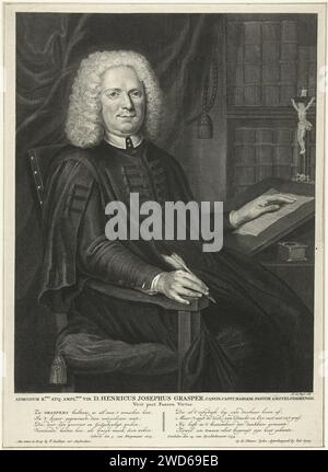 Portrait de Henricus Josephus Grapper, Andries van Buysen (Sr.), d'après Anonymous, 1734 - 1736 print Portrait de la Grippers spirituelle catholique romaine Henricus Josephus Grapper assis à sa table d'écriture. Il y a un crucifix sur la table. Sous le portrait un verset hollandais en deux colonnes. Amsterdam papier gravure / gravure organisation, fonctionnaires et dignitaires dans l'église catholique romaine ; clergé en général Banque D'Images