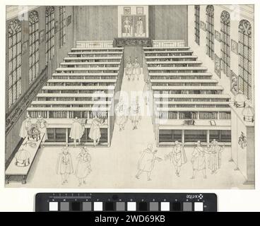 Bibliothèque de l'Université de Leiden, Willem Isaacsz. Van Swanenburg, d'après Jan Cornelisz. Van 't Woudt, 1610 Print Library de l'Université de Leiden. Intérieur avec les placards avec les livres sur les chaînes. Différents visiteurs au premier plan et entre les placards. A gauche une table avec des globes. A droite un placard. Cartes, tirages et portraits sur les murs. Partie d'un groupe de quatre visages de l'Université de Leiden, utilisé plus tard comme illustration dans le supplément du livre de Meursius sur l'Université de Leiden. Université de gravure sur papier de Leiden. Bibliothèque publique de l'université de Leiden Banque D'Images