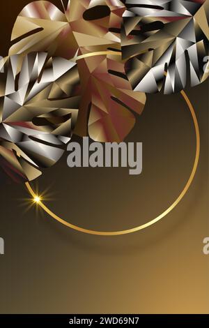 Bannière de feuilles exotiques modernes, conception de couverture. Feuille tropicale polygonale de fond floral de Monstera plante low poly. Cadre de cercle d'or premium, vecteur Illustration de Vecteur