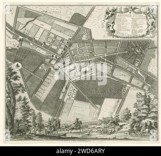 Carte du Château de Rosendael avec ses environs, Jan Smit (I), 1718 imprimer carte du Château de Rosendael avec ses environs en quelques mots. En haut à droite un cartouche avec titre, légende et un bol : Schale de 40 tiges Rynandsche. Autour de quatre putti. Au fond d'une partie de chasse à cheval, avec des chiens qui chassent un cerf. Amsterdam papier gravure / gravure jardin français ou architectonique ; jardin formel. château. Chasse, chasse au château de Rosendael. Gouvernail Banque D'Images