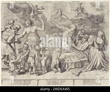 Allégorie de la bonne mort de l'homme, Hieronymus Wierix, d'après Ambrosius Francken (I), d'après Willem van Haecht (I), d'après Godefried van Haecht, 1563 - avant 1619 imprimer un vieil homme est allongé sur son lit de mort, les mains pliées en prière. De son côté sont la foi (Fides) et la prière (oratio). La foi pointe vers le ciel. Un cœur ailé se lève de la bouche de prière. L'amour (Charitas) est sur le pied Elle distribue de l'argent et de la nourriture aux personnes âgées et aux enfants. Au ciel, Christ est assis sur un arc-en-ciel, il piétine la mort et le diable. Sur les nuages à côté de lui sagesse (sapientia) et espoir (spes). Dans la marge a quatre - Banque D'Images