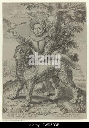 Portret van Frederik de Vries, Raffaello Guidi, d'après Hendrick Goltzius, en ou après 1773 impression Portrait de Frederik de Vries avec le chien de Hendrick Goltzius. Il était le fils du peintre Dirck de Vries, qui était un élève de Hendrick Goltzius. Frederik se prépare à s'asseoir sur le dos du chien et tient un pigeon dans sa main. Sur le cartouche une affectation en latin. La légende en latin parle de la simplicité de l'enfant et de la foi du chien. Chien de gravure de papier Rome Banque D'Images