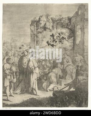 Adoration des Rois, Jan Gerritsz. Van Bronckhorst, d'après Cornelis van Poelenburch, 1613 - 1661 imprimer pays-Bas papier gravure / gravure adoration des rois : les Sages présentent leurs cadeaux à l'enfant Christ (or, encens et myrrhe) Banque D'Images