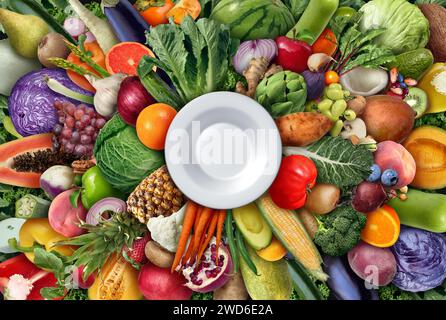 Manger Une alimentation saine comme symbole nutritionnel d'un choix alimentaire à base de plantes avec une assiette vide pour manger des aliments riches en nutriments comme légumes fruits légumineuses Banque D'Images