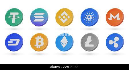 Ensemble avec différentes pièces de crypto vecteur 3D. Symboles de crypto-monnaie, icônes vectorielles 3D isolées sur fond blanc. Bitcoin, Etherium, Solana, Dash et Illustration de Vecteur