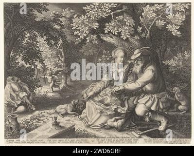 La mort et Cupido tirent les flèches de l'autre et le vieil homme fait une jeune femme, Boëtius Adamsz. Bolswert, d'après David Vinckboons, 1595 - 1633 imprimer la mort et Cupido ont échangé leurs flèches par ignorance. Un vieil homme tient la main d'une jeune femme, ils sont assis près d'une tombe ouverte. Derrière eux, la mort concentre ses flèches d'amour sur eux. Un singe avec des lunettes habille la bourse de l'homme. Cupido utilise les flèches mortelles de la mort. Un jeune homme qui jouait sur son luth a été frappé par une flèche dans sa poitrine. Une bougie a presque brûlé sur une tombe. Un verset latin et la traduction de Nedeland expliquent cela Banque D'Images