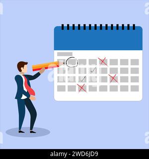 Business Man Scheduling avec un calendrier, concept de planification de projet. Gestion d'un concept basé sur le temps ou l'équipe Illustration de Vecteur