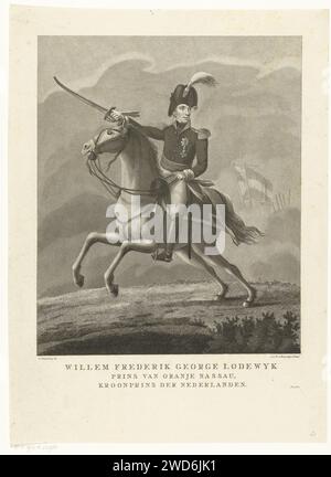 Portrait du roi Willem II à cheval, Antonie et Pieter van der Beek, d'après Nicolaas Sonnenberg, 1795 - 1821 tirage Portrait du prince héritier Willem Frederik George Lodewijk van Oranje Nassau, futur roi Willem II des pays-Bas à cheval sur le champ de bataille. Pays-Bas papier gravure équestre State portrait Banque D'Images