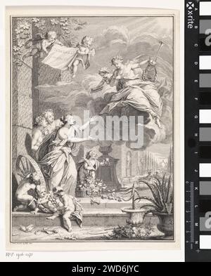 Poésie en conversation avec des figures allégoriques, Jan Punt, 1740 imprimer Poésie qui descend d'un nuage dans un jardin, en conversation avec les figures féminines allégoriques hospitalité, amitié et courtoisie. Au premier plan trois putti qui symbolisent les soins marchands (avec Caduceus), le génie mécanique (avec carré) et Landvreugd (avec RAD). Deux putti volent dans les airs avec un tissu sur lequel le titre en néerlandais. Amsterdam papier gravure / gravure jardin. Représentations symboliques, allégories et emblèmes  poésie ; 'Poesia' (Ripa). Hospitalité ; 'Hospitalità' (Ripa). Humanité, politesse ; 'Cortesia Banque D'Images
