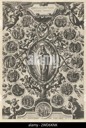 Maria van de Rozenkrans, Hendrick Goltzius (attribution rejetée), d'après Jan van der Straet, 1577 estampe Maria, à Mandorla, entourée de chérubins et d'anges, contenue dans un rosier. Sur les branches du buisson quinze médaillons avec des spectacles de la vie de Marie et du Christ. En haut d'un cartouche avec l'inscription. Imprimeur : Haarleméditeur : Anvers gravure sur papier 'Marianum', Madonna en auréole ou mandorla (entourée du rosaire), Marie dans la gloire Banque D'Images