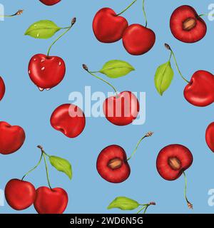 illustration aquarelle motif sans couture orné de cerises dodues et succulentes. Fond bleu pour décor de cuisine, recettes, textiles, étiquettes de confiture Banque D'Images