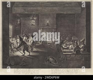 Salle d'attente avec singes, ca. 1720, Matthijs Pool, d'après David Teniers (II), 1710 - 1730 imprimer salle d'attente ou Kortegaard dans lequel les singes aiment les cartes de soldats et les dés et boissons et fumer, ca. 1720. Un chat est amené par deux attendant à la porte. Deux versets de quatre lignes dans la légende. Amsterdam gravure sur papier / gravure d'animaux agissant en tant qu'êtres humains. singes, singes. dans la salle de garde, 'kortegaard' Banque D'Images