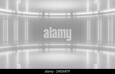 Scène de fond blanc abstrait minimaliste. Lumière néon des lampes sur les murs de la pièce circulaire. illustration 3d. Banque D'Images