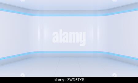 Chambre blanche avec des lumières bleues, illustration 3D. Banque D'Images