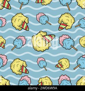 Coton Candy Seamless Pattern dans le style Cartoon. Parfait pour fond, toile de fond, papier peint et emballage de couverture. Illustration vectorielle. Illustration de Vecteur