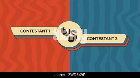 Par rapport au modèle rétro. Couverture de combat décorative avec lettrage. Affiche vs Groovy. Bannière de comparaison avec séparateur, emblème et espace de copie pour les concurrents Illustration de Vecteur