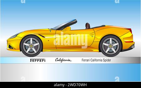 Maranello, Italie, année 2008, Ferrari California Spider, voiture de sport classique et vintage, silhouette jaune colurée illustration Banque D'Images