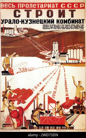 Vladimir Lyushin. Construction de l'usine Oural-Kuznetsk. 1931 - Publicité et propagande soviétiques vintage - «tout le prolétariat de l'URSS construit le combiné Oural-Kouznetsk» l'affiche montre des travailleurs engagés dans diverses activités industrielles, avec des usines et la construction en arrière-plan. Le style rappelle la propagande industrielle soviétique, utilisant des formes géométriques et une palette de couleurs limitée pour souligner le thème industriel. Banque D'Images