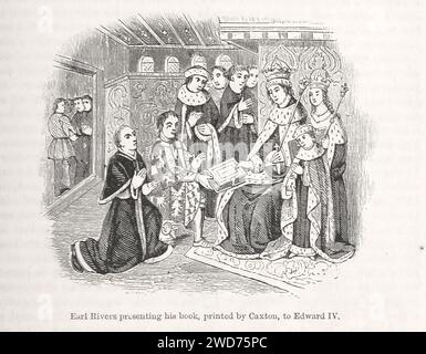 « EARL RIVERS PRÉSENTANT SON LIVRE, IMPRIMÉ PAR CAXTON, À ÉDOUARD IV. » - Image tirée de 'l'histoire populaire de l'Angleterre : une histoire illustrée de la société et du gouvernement de la première période à notre OwnTimes par Charles KNIGHT - Londres. Bradbury et Evans. 1856-1862 Banque D'Images