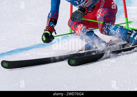 Vue en gros plan du skieur de montagne skieur sportif descendant une piste de ski de montagne Banque D'Images