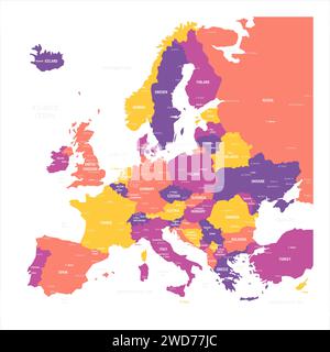 Carte politique de l'Europe. Carte vectorielle de couleur bleue avec les capitales et les villes importantes des pays européens et les plans d'eau autour du continent. Illustration de Vecteur