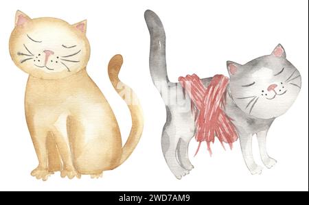 Watercolor cute cat clipart set, animals illustration. domestic animal. Hand painted pets. Banque D'Images