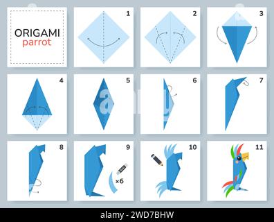 Tutoriel origami pour les enfants. Origami mignon perroquet. Illustration de Vecteur