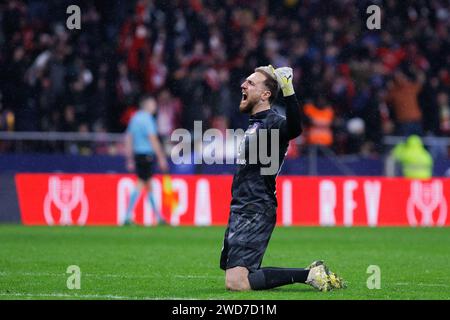 Madrid, Espagne. 19 janvier 2024. Jan Oblak de l'Atletico de Madrid célèbre après avoir marqué un but lors du match de la Copa del Rey Round of 16 entre l'Atletico de Madrid et le Real Madrid au Civitas Metropolitan Stadium. Score final ; Atletico de Madrid 4:2 Real Madrid. Crédit : SOPA Images Limited/Alamy Live News Banque D'Images