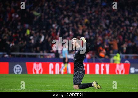 Madrid, Espagne. 19 janvier 2024. Jan Oblak de l'Atletico de Madrid célèbre après avoir marqué un but lors du match de la Copa del Rey Round of 16 entre l'Atletico de Madrid et le Real Madrid au Civitas Metropolitan Stadium. Score final ; Atletico de Madrid 4:2 Real Madrid. Crédit : SOPA Images Limited/Alamy Live News Banque D'Images