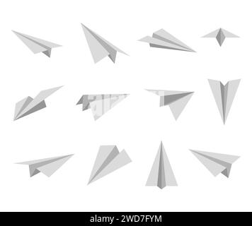 Icône définir des plans papier simples. Avions en papier origami blanc sous différents angles. Avion fait à la main sur fond blanc. Illustration vectorielle. Illustration de Vecteur