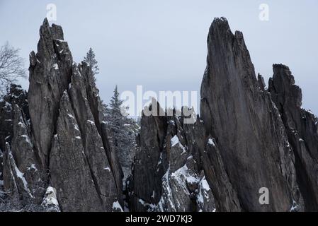 Groupe de roches enneigées dans un paysage d'hiver Banque D'Images