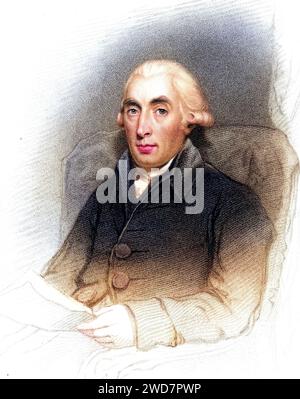 Joseph Black (1728-1799) schottischer Chemiker, geboren in Bordeaux, Frankreich, Sohn eines Weinhändlers, Professor Universität Chemie an der für Glasgow, 1757 isolierte er Kohlendioxid, entwickelte die Theorie der latenten Wärme, gravur aus A Biographical Dictionary of Eminent Scotsmen von Thomas Thomson (1870), Historisch, Digital restaurierte Reproduktion von einer Vorlage aus dem 19. Jahrhundert, Date d'enregistrement non indiquée Banque D'Images