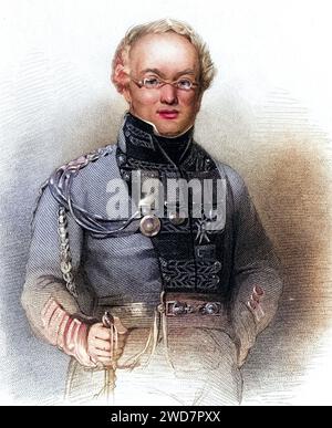 David Stewart de Garth (1772-1829) schottischer Soldat und Autor, trat 1787 in die 42. Highlanders ein, wurde 1801 in der Schlacht von Alexandria (Aboukir) schwer verwundet, als die Briten die Franzosen besiegten, wurde 1825 zum Generalmajor ernannt, ALS er starb, diente er als Gouverneur von St. Lucia, Autor von Sketches , of the Highlanders of Scotland, with Details of the Military Service of the Highland Regiments (1822), Kupferstich aus A Biographical Dictionary of Eminent Scotsmen von Thomas Thomson (1870), Historisch, digital restaurierte Reproduktion von einer Vorlage aus dem 19. Jahrh Banque D'Images