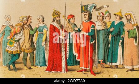 Histoire de l'Allemagne. Moyen âge. 1400-1450. De gauche à droite, 1 : dame, 2-3 : nobles, 4 : dame, 5 : Empereur Sigismond, 6 : électeur ecclésiastique, 7 : duc de Bavière, 8-9, costumes universitaires, 10-11, juifs. Chromolithographie. Historia Universal', de César Cantú. Volume VII, 1881. Banque D'Images