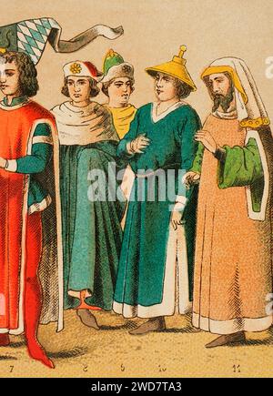 Histoire de l'Allemagne. Moyen âge. 1400-1450. De gauche à droite, 7 : duc de Bavière, 8-9, costumes universitaires, 10-11, juifs. Chromolithographie. Historia Universal', de César Cantú. Volume VII, 1881. Banque D'Images