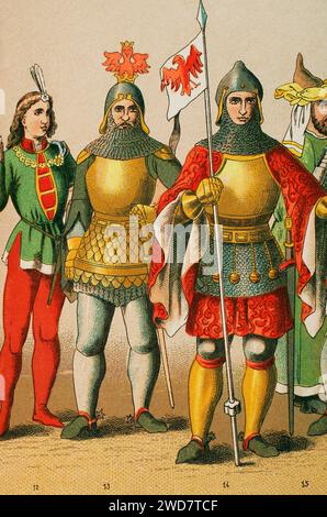 Histoire de l'Allemagne. Moyen âge. 1400-1450. De gauche à droite, 12 : Nobleman, 13-14, knights, 15 : Nobleman. Chromolithographie. Historia Universal', de César Cantú. Volume VII, 1881. Banque D'Images