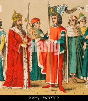 Histoire de l'Allemagne. Moyen âge. 1400-1450. De gauche à droite, 5 : Empereur Sigismond, 6 : électeur ecclésiastique, 7 : Duc de Bavière, 8-9 : costumes universitaires. Chromolithographie. Historia Universal', de César Cantú. Volume VII, 1881. Banque D'Images