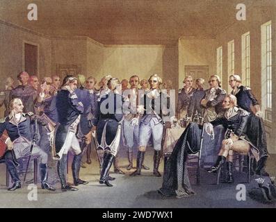 Washington beim Abschied von seinen Offizieren in Fraunces Tavern, New York City USA, Am 4. Décembre 1783, George Washington, 1732-1799, Erster Präsident der Vereinigten Staaten, Von einem Druck aus dem neunzehnten Jahrhundert, gestochen von Rogers nach Chapin, Historisch, digital restaurierte Reproduktion von einer Vorlage aus dem 19. Jahrhundert, Date d'enregistrement non indiquée Banque D'Images