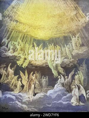 Illustration für Paradiso, die Göttliche Komödie von Dante Alighieri Canto, Ehre SEI dem Vater, dem Sohn und dem Heiligen Geist, von Gustave Dore 1832-1883, französischer Künstler, Inferno, Hölle, Paradies, Engel, Verdammnis, Historisch, digital restaurierte Reproduktion von einer Vorlage aus dem 19. Jahrhundert, Date d'enregistrement non indiquée Banque D'Images