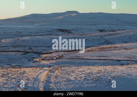 Une belle soirée d'hiver dans le parc national des Yorkshire Dales, avec Ingleborough au loin couvert de neige, et un chemin menant à travers. Banque D'Images