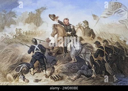 Angriff von General Lyons in der Schlacht von Wilsons Creek, Missouri 1861, in der er getötet wurde. Lyons war der erste UnionsGeneral, der im Bürgerkrieg getötet wurde, Die Schlacht am Wilson's Creek, auch Schlacht von Oak Hills, fand am 10. Août 1861 während des Amerikanischen Bürgerkrieges statt., Historisch, digital restaurierte Reproduktion von einer Vorlage aus dem 19. Jahrhundert, Date d'enregistrement non indiquée Banque D'Images