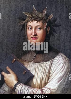 Francesco Petrarca alias Petrarca 1304-1374. Italienischer Gelehrter, Dichter und Humanist. AUS dem Buch Galerie de Portraits,1833., Historisch, digital restaurierte Reproduktion von einer Vorlage aus dem 19. Jahrhundert, Date d'enregistrement non indiquée Banque D'Images