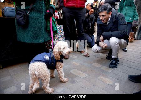 Le Premier ministre Rishi Sunak interagit avec un chien lorsqu'il rencontre des membres du public lors d'une promenade à Winchester, Hampshire. Date de la photo : Vendredi 19 janvier 2024. Banque D'Images