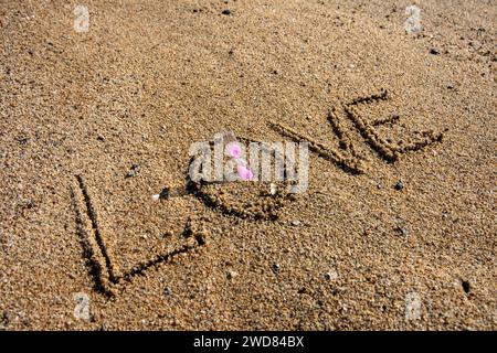 Amour intemporel : « l'amour » inscrit sur la plage, berçant un sablier rose, où la romance rencontre le sable des moments éternels Banque D'Images